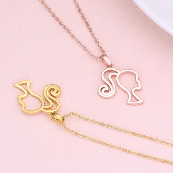 NEW 💗 Women's Rose Gold Barbie Dainty Necklace Logo Head Movie Sparkly Gift - Picture 5 of 10